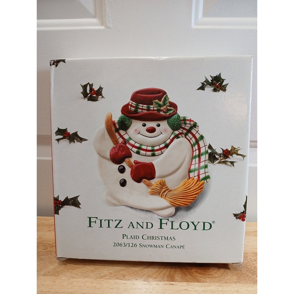 Fitz and Floyd Plaid Christmas Snowman Canape Tray Dish  2063/126 Plate  10"x8"